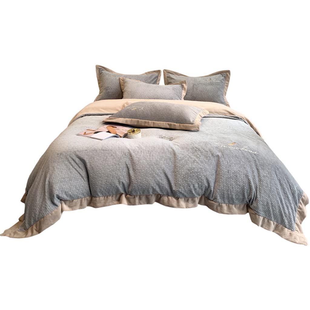 Winter Feather-Embroidered Milk Velvet Bedding Set, 4-Piece