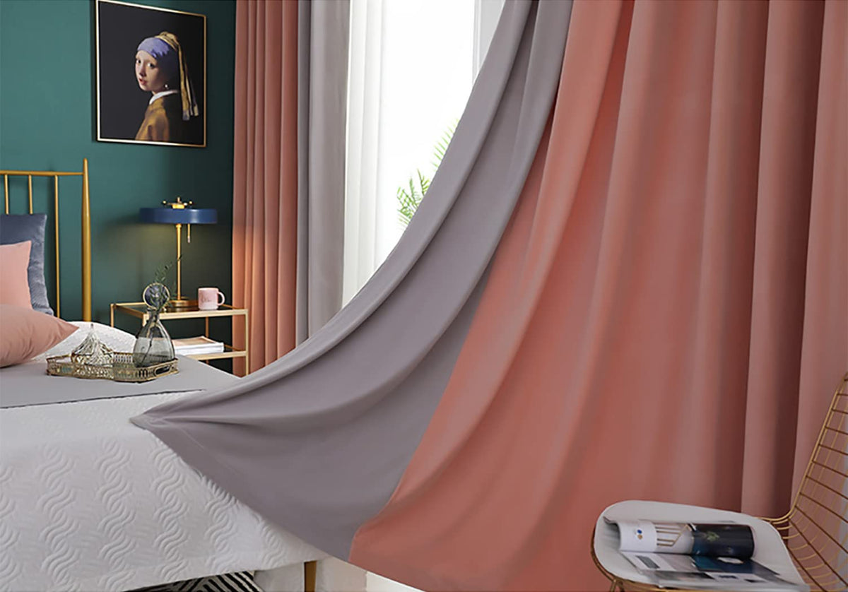 Byrotson 90% Velvet Blackout Curtains, Pink/Gray, 2 Panels