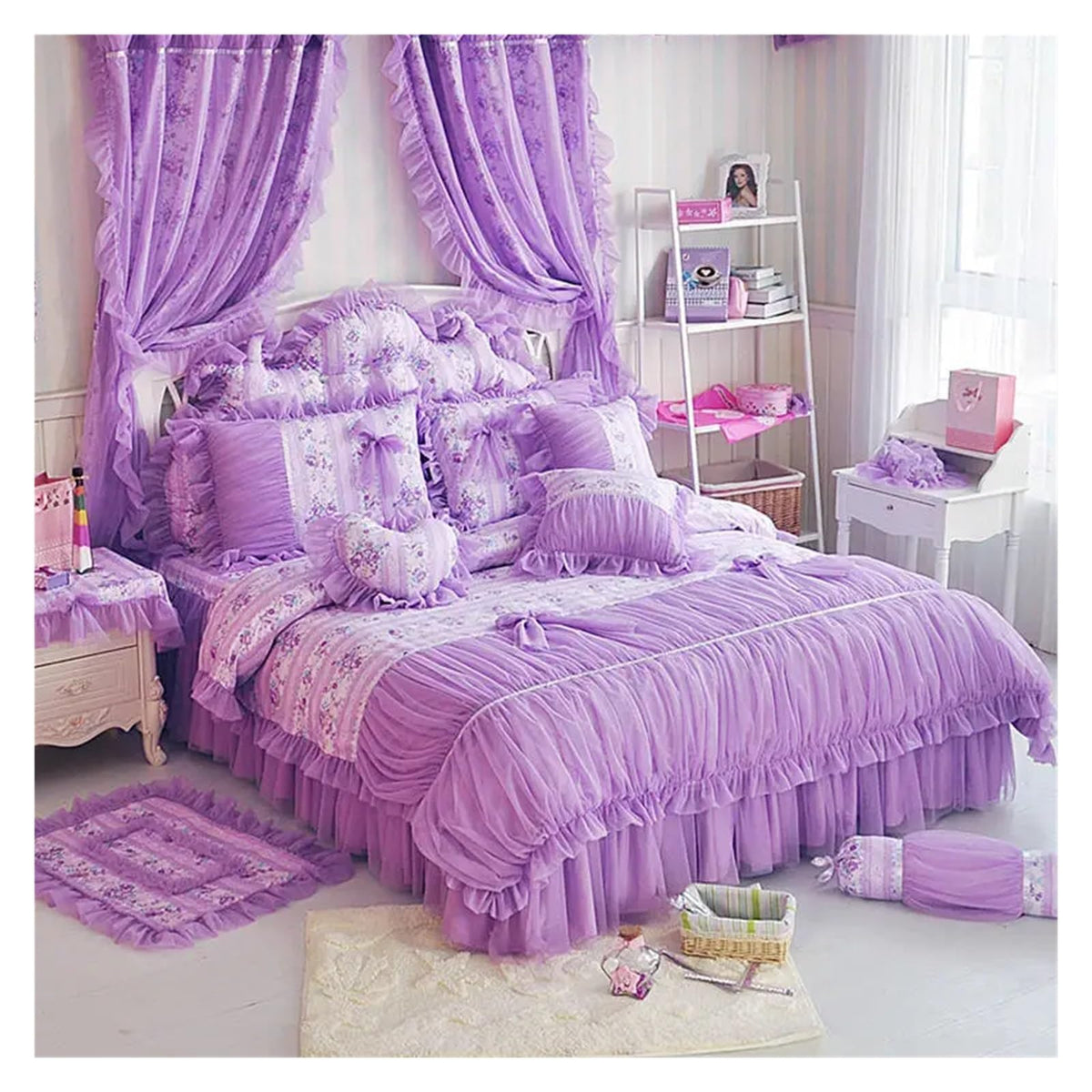 AdduE Cotton Purple Floral Lace Princess Duvet Cover Set