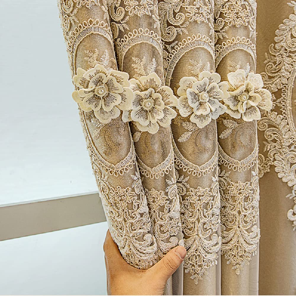 XINDAR Gold Double-Layer Blackout & Lace Curtains, Set of 2