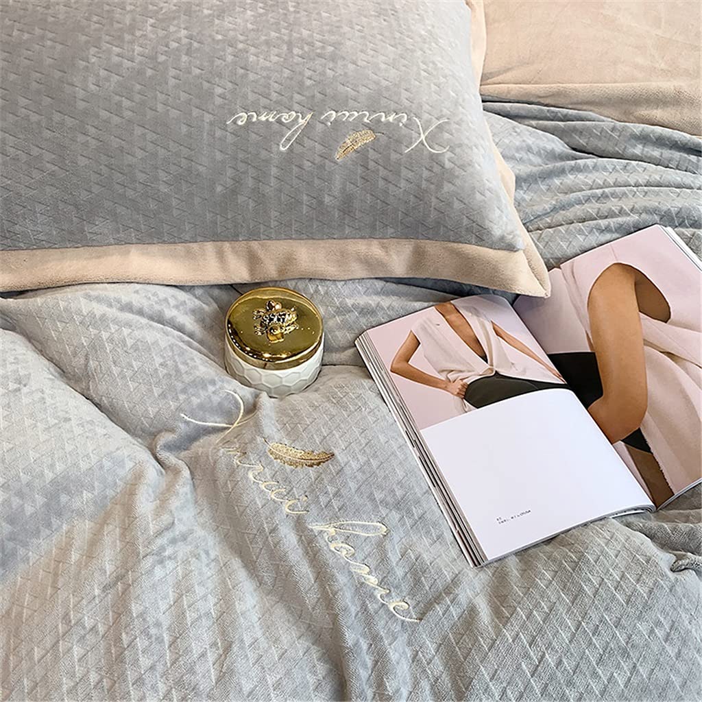 Winter Feather-Embroidered Milk Velvet Bedding Set, 4-Piece