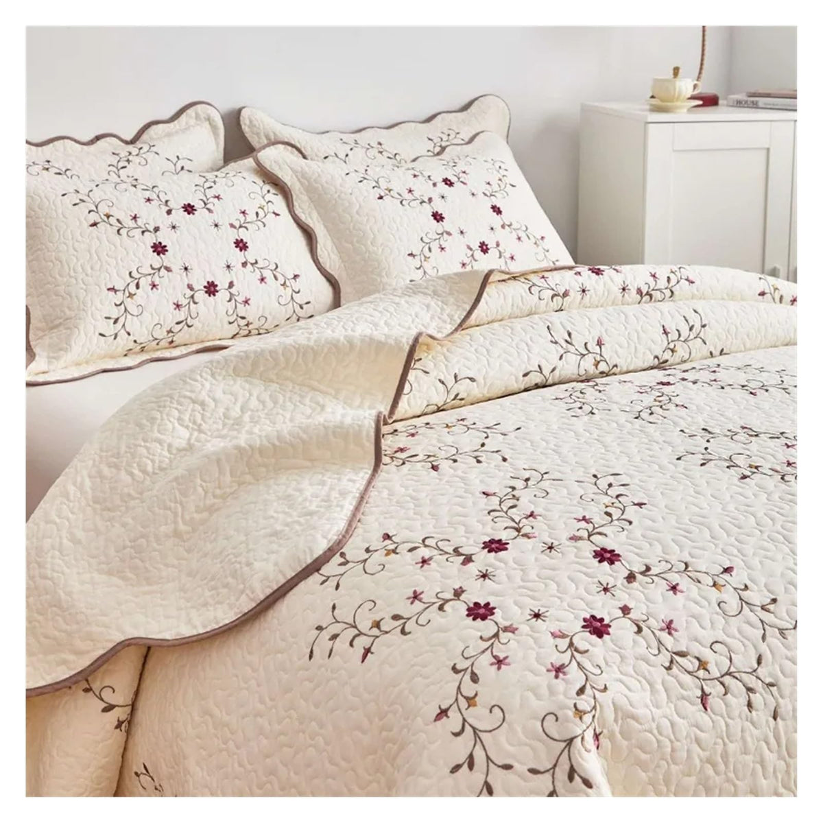 Embroidered Cotton Quilt & Coverlet Set, 3-Piece