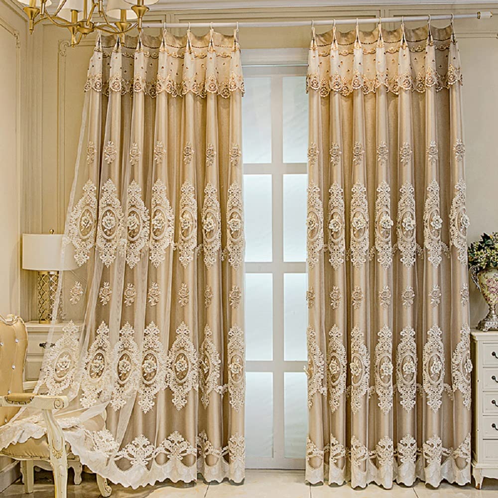 XINDAR Gold Double-Layer Blackout & Lace Curtains, Set of 2