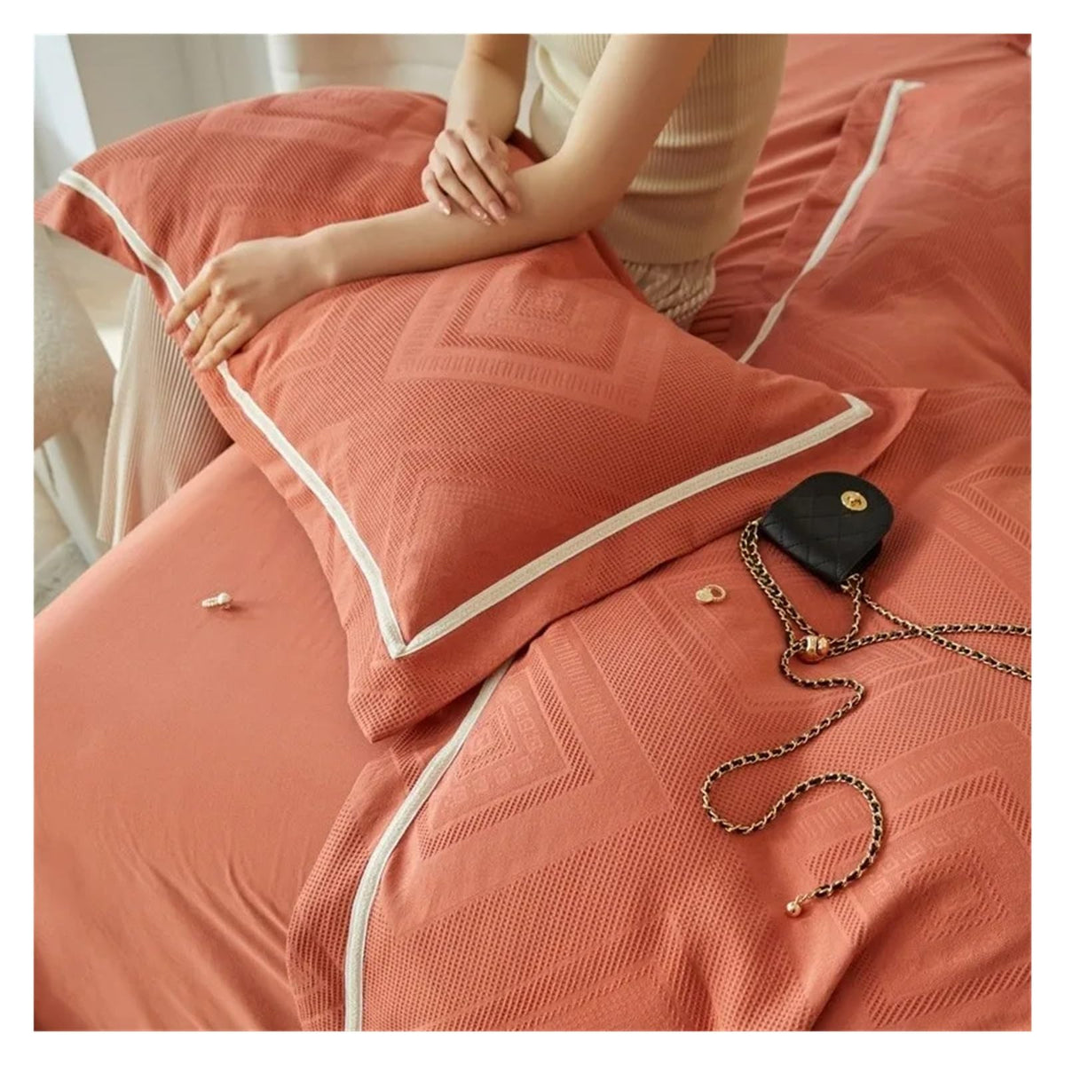 Geometric Waffle-Textured Cotton Duvet Cover Set, 4-Piece
