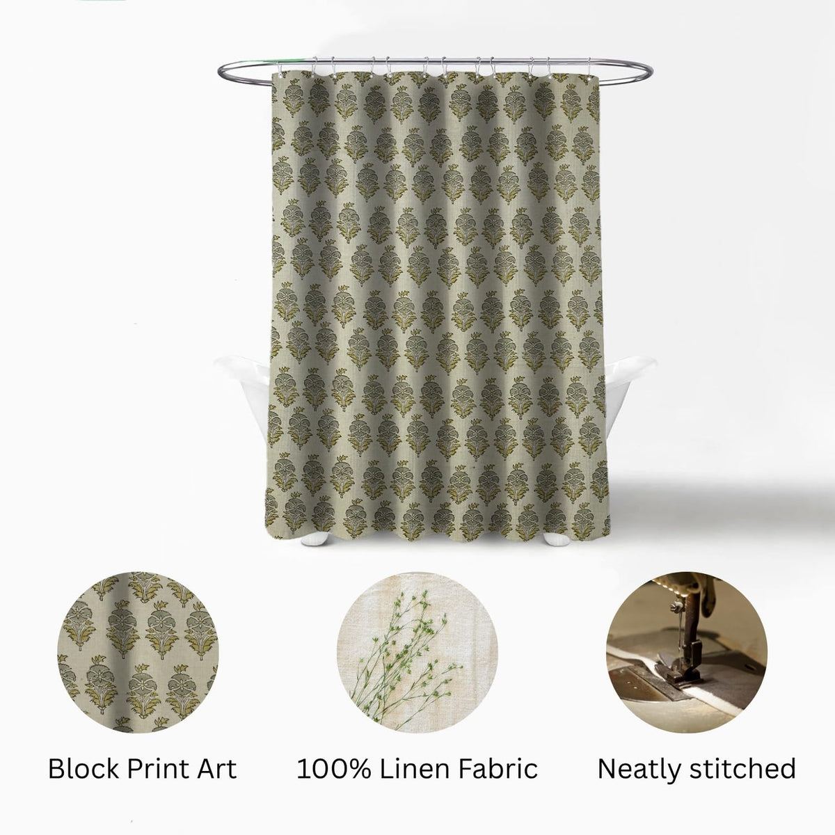 Fabritual Handmade Floral Block Print Shower Curtain