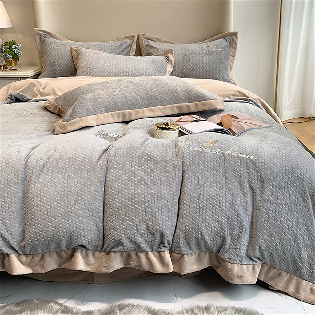 Winter Feather-Embroidered Milk Velvet Bedding Set, 4-Piece