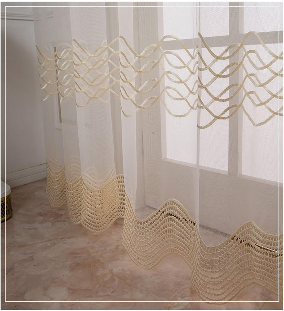 Eyelet Sheer Voile Curtains with Lace Trim, Set of 2