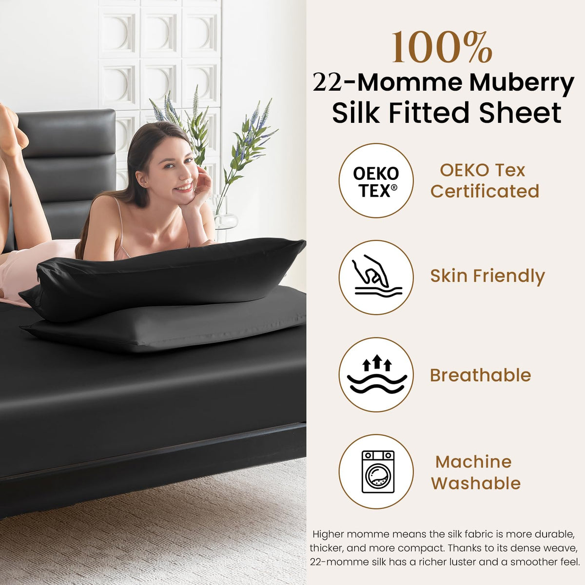 THXSILK 22 Momme Mulberry Silk Fitted Sheet, 16" Deep Pocket