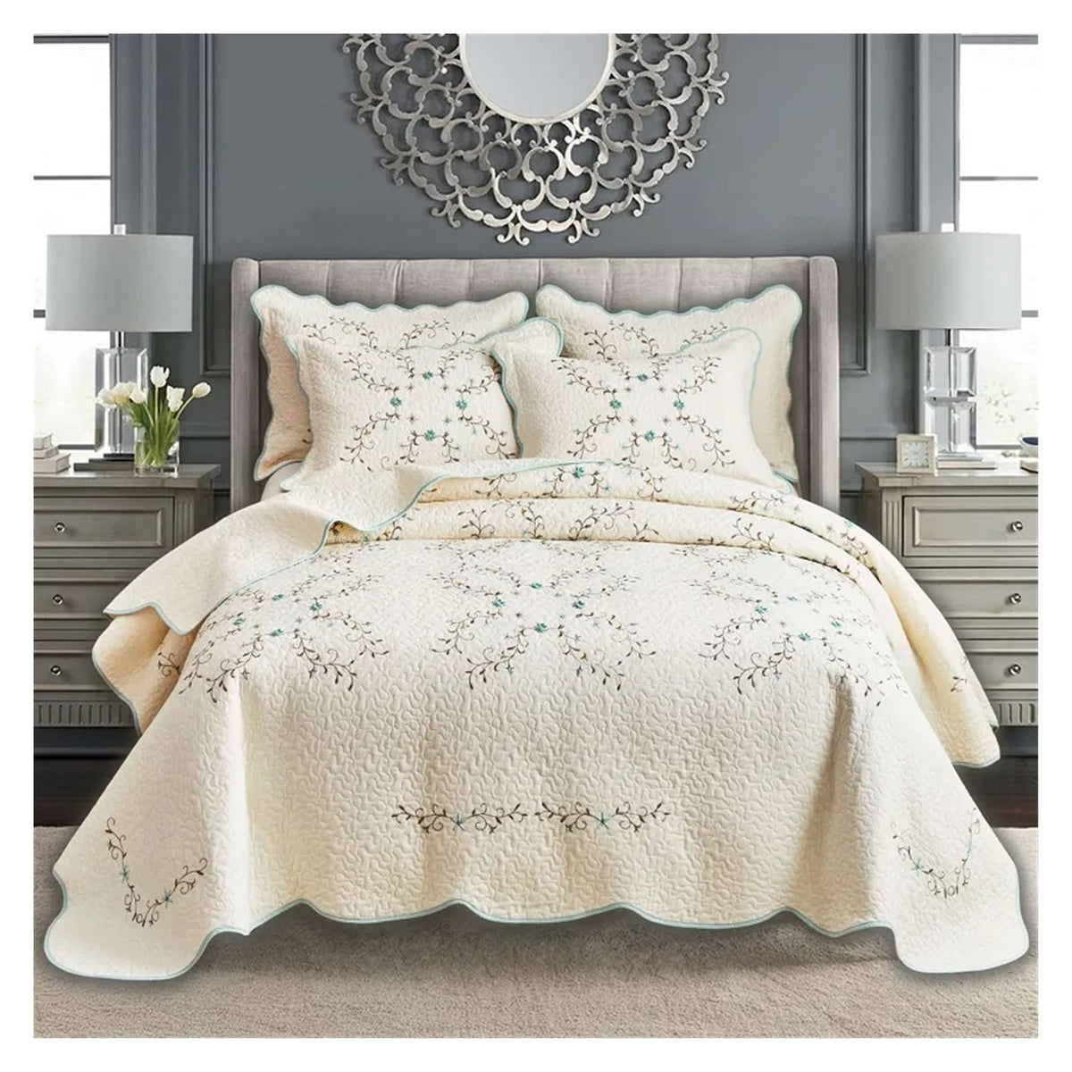 Embroidered Cotton Quilt & Coverlet Set, 3-Piece
