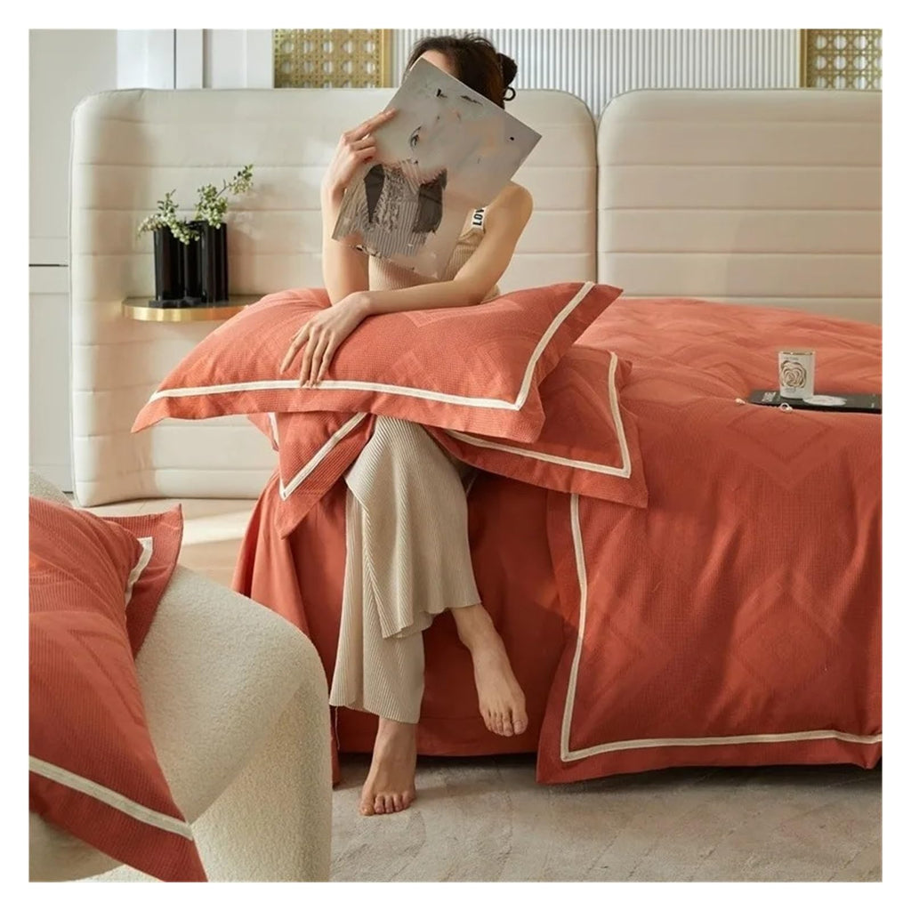Geometric Waffle-Textured Cotton Duvet Cover Set, 4-Piece