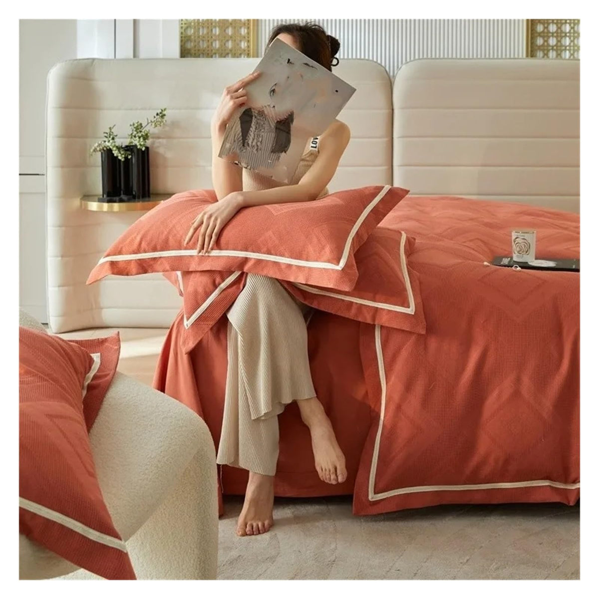 Geometric Waffle-Textured Cotton Duvet Cover Set, 4-Piece