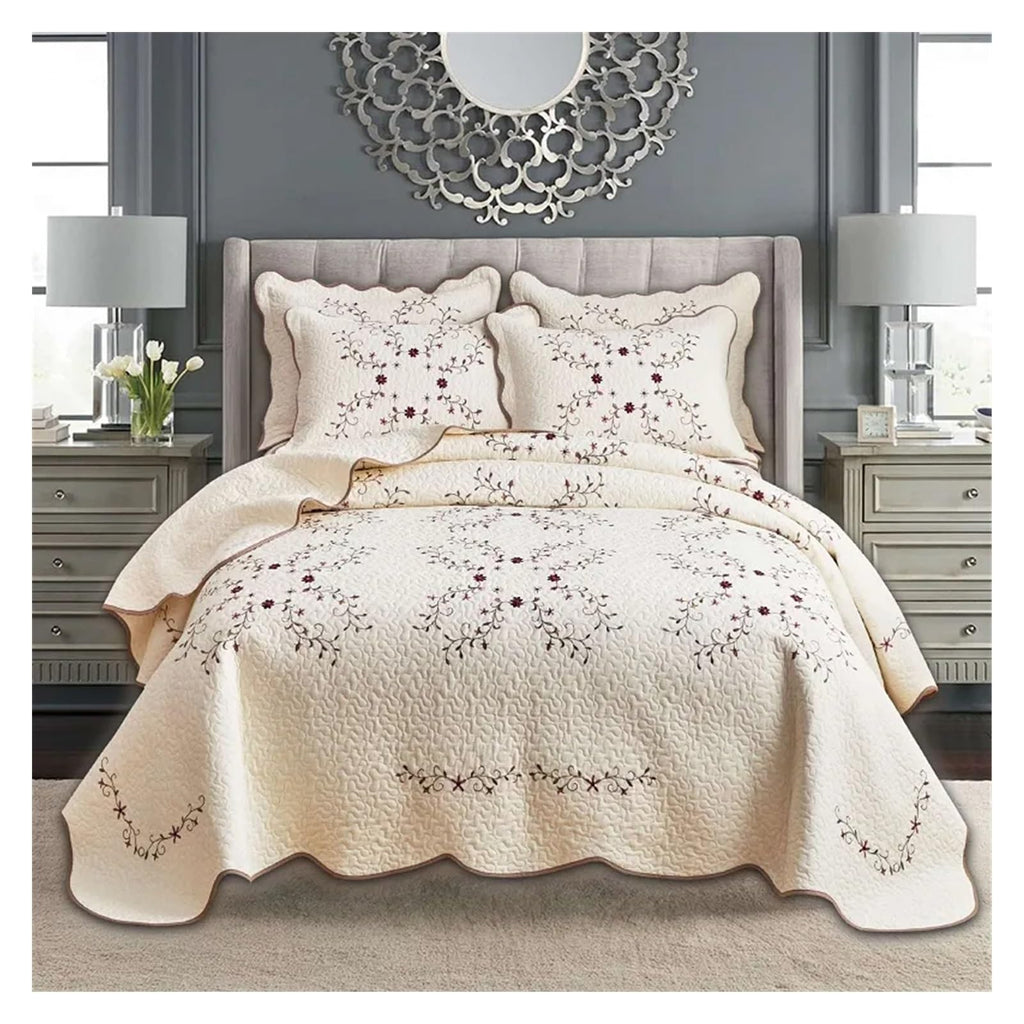 Embroidered Cotton Quilt & Coverlet Set, 3-Piece