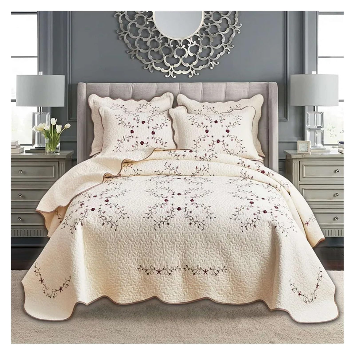 Embroidered Cotton Quilt & Coverlet Set, 3-Piece