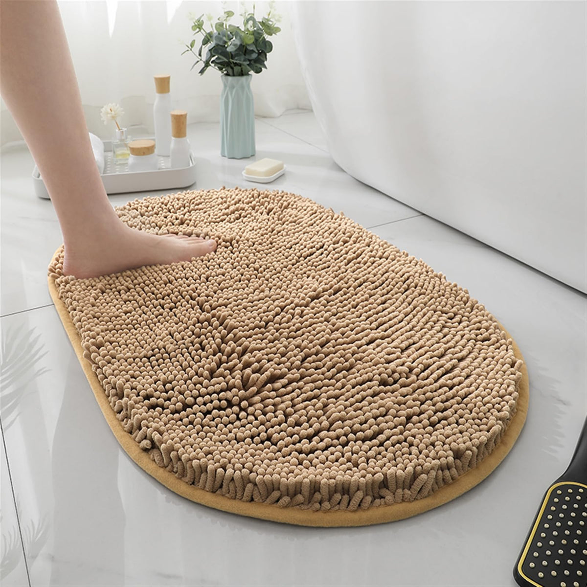 Non-Slip Oval Chenille Bathroom Rug, 1.6 x 2.6 ft