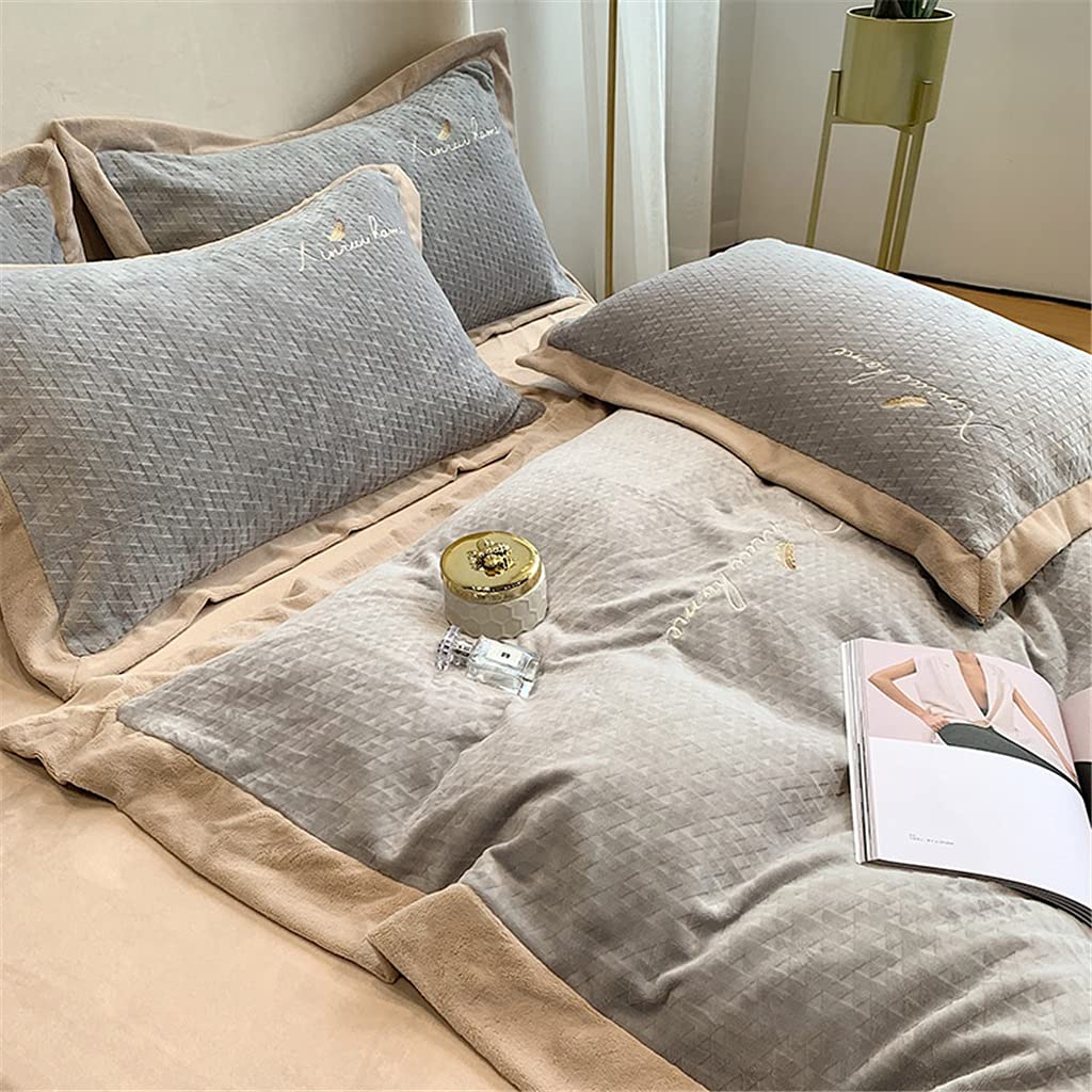 Winter Feather-Embroidered Milk Velvet Bedding Set, 4-Piece