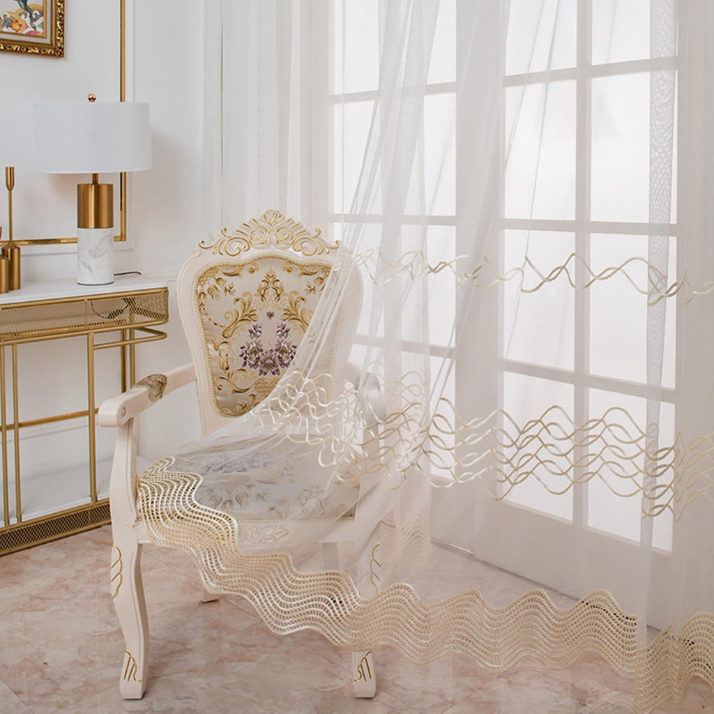 Eyelet Sheer Voile Curtains with Lace Trim, Set of 2