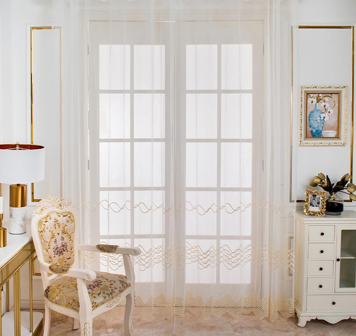 Eyelet Sheer Voile Curtains with Lace Trim, Set of 2