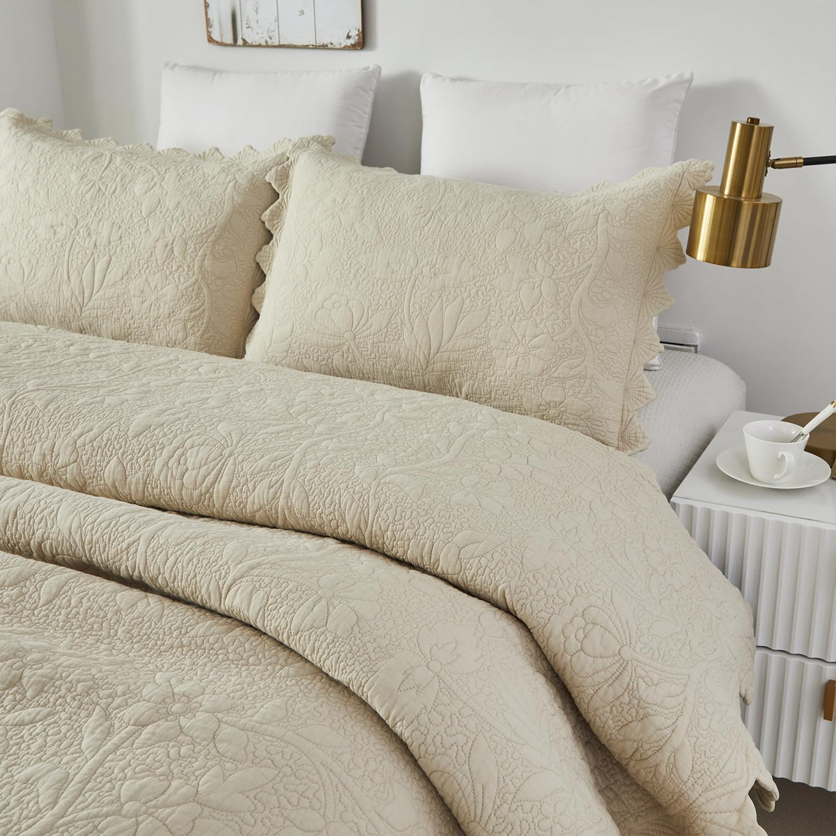 Brandream Beige King Cotton Matelassé Quilt Set, 6-Piece