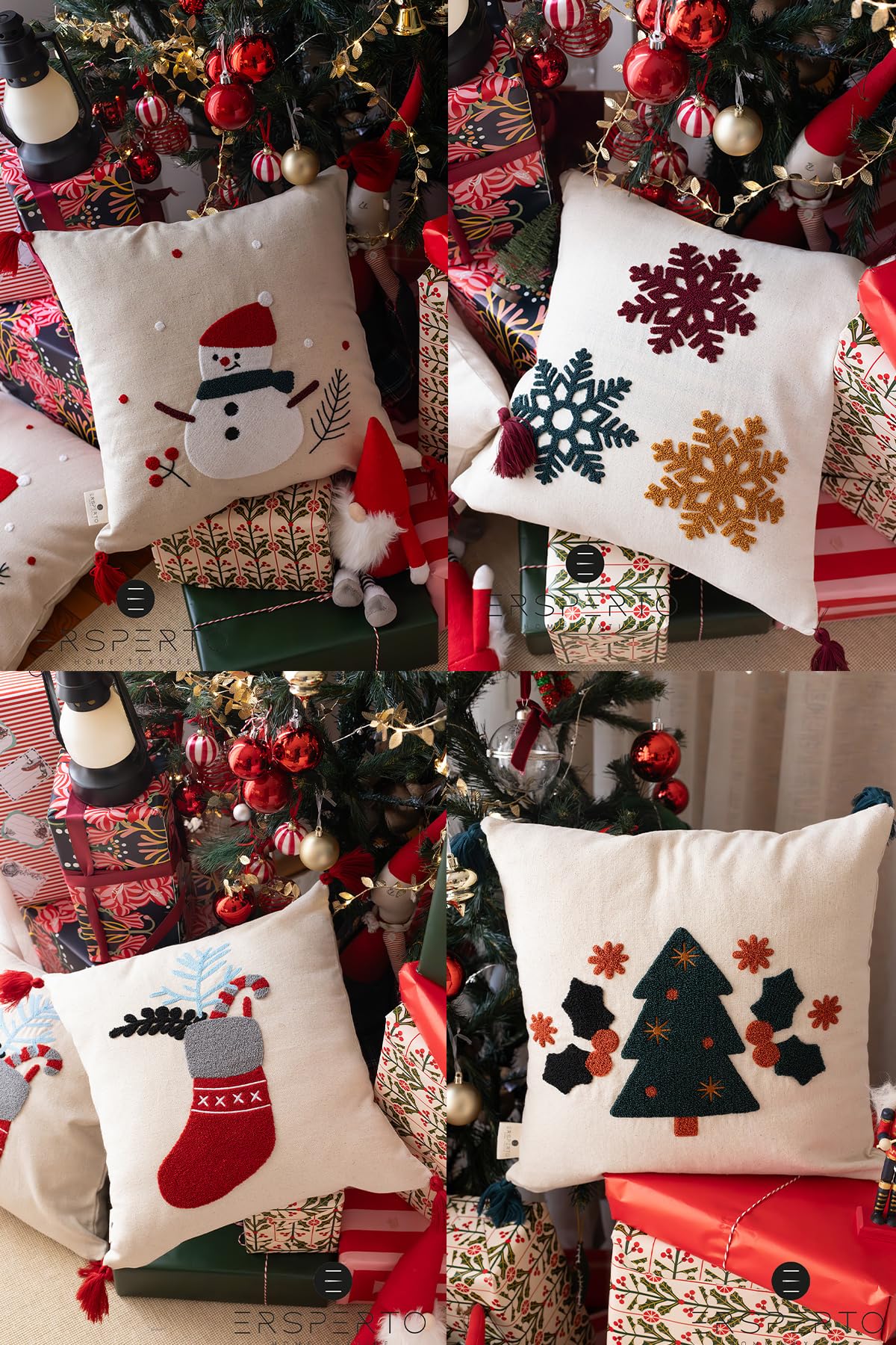 Christmas Floral Embroidered Pillow Covers, Set of 4