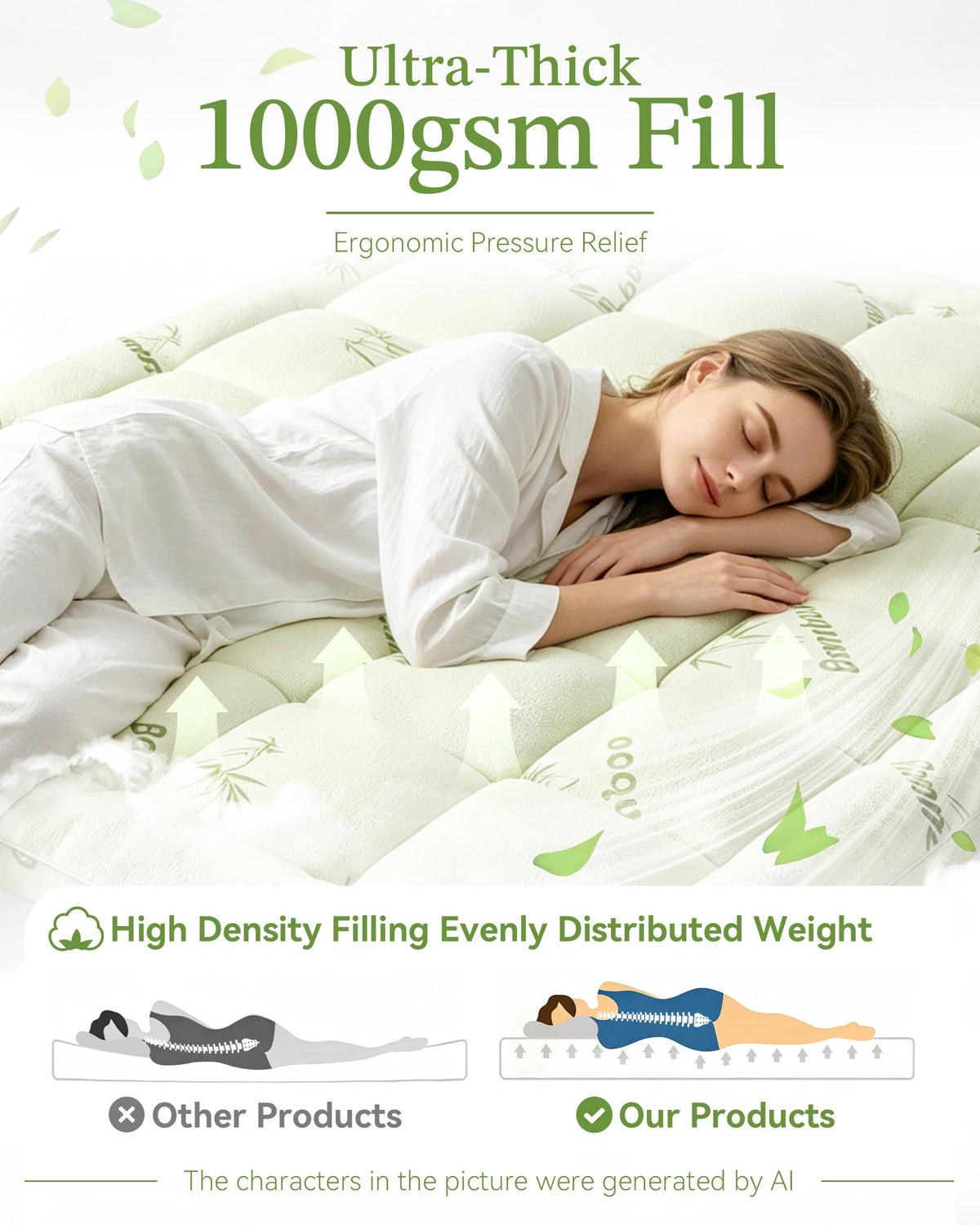 1000 GSM Bamboo Viscose Cooling Mattress Topper, 8–21" Pocket
