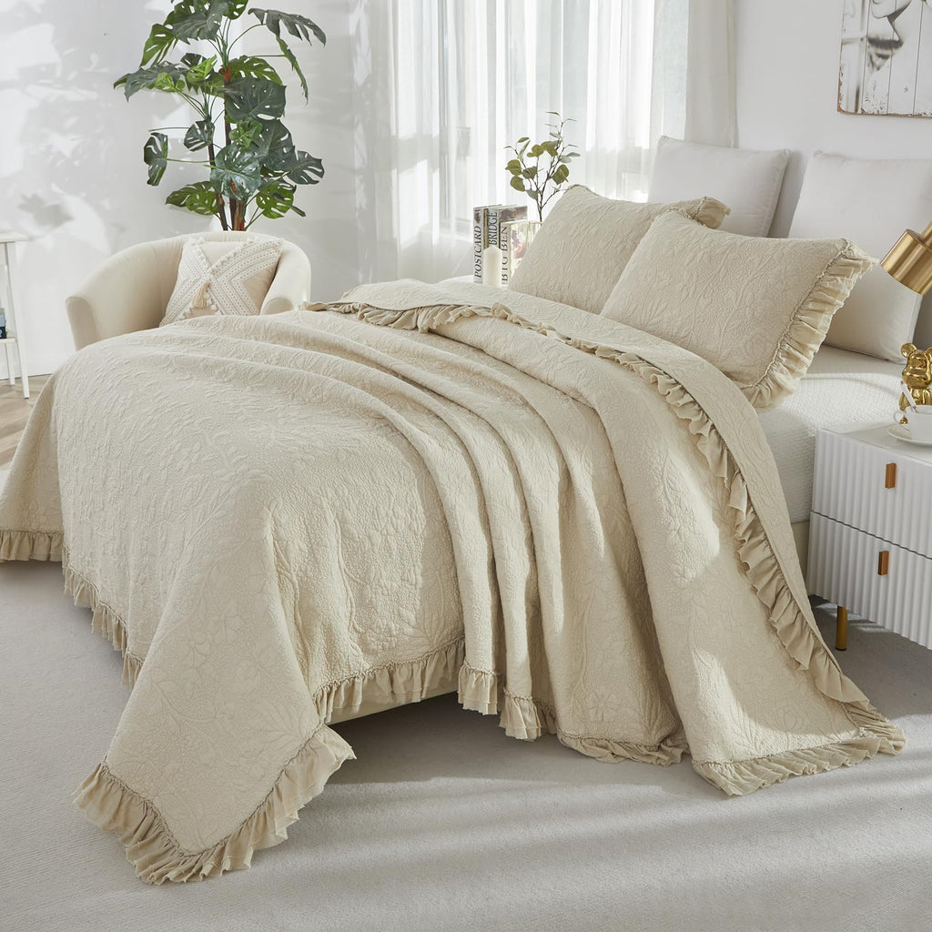 Brandream Beige King Cotton Matelassé Quilt Set, 6-Piece