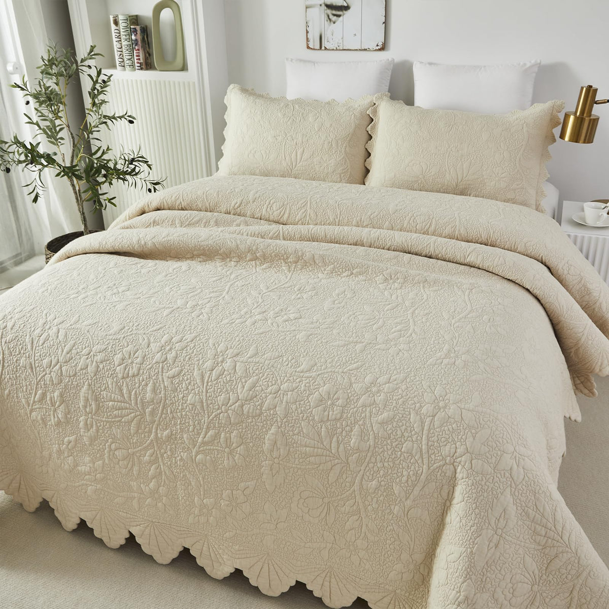 Brandream Beige King Cotton Matelassé Quilt Set, 6-Piece