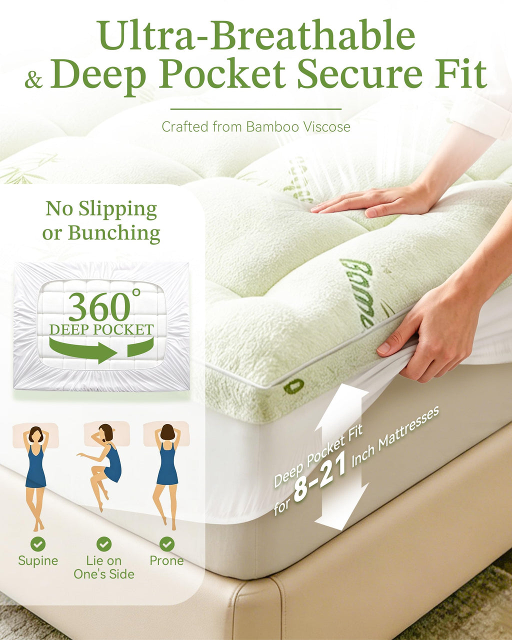 1000 GSM Bamboo Viscose Cooling Mattress Topper, 8–21" Pocket