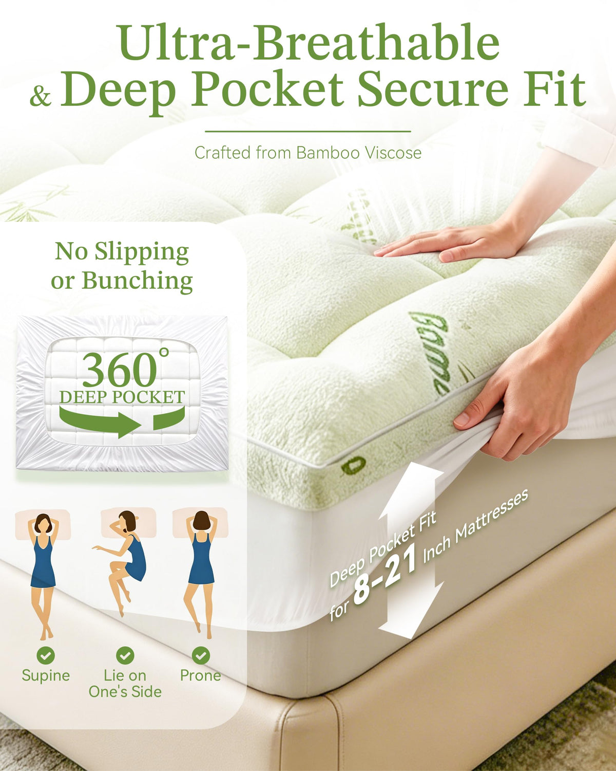 1000 GSM Bamboo Viscose Cooling Mattress Topper, 8–21" Pocket
