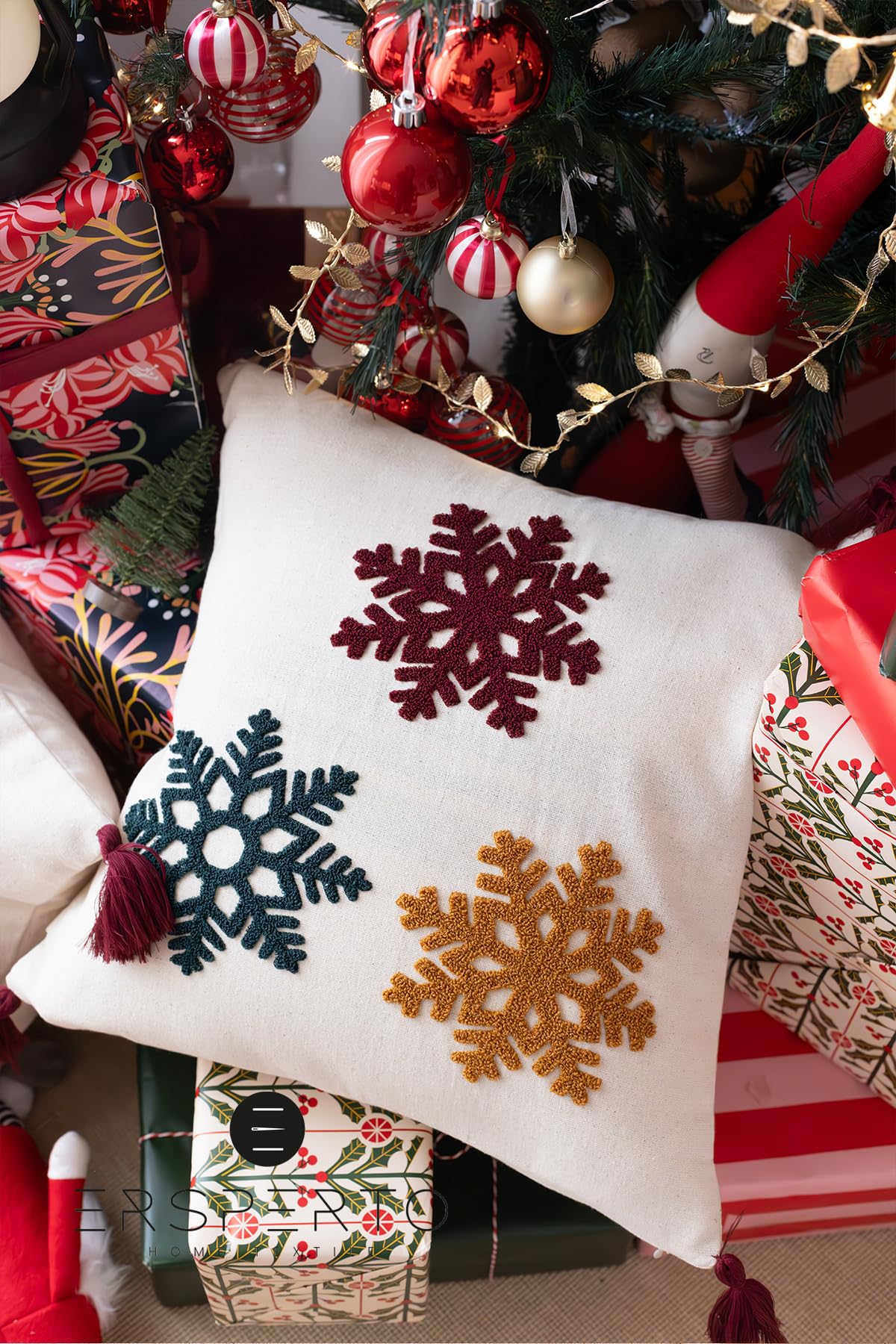 Christmas Floral Embroidered Pillow Covers, Set of 4