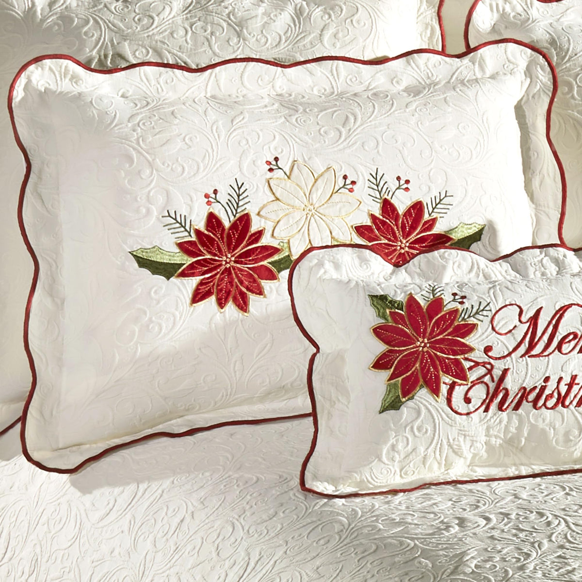 Poinsettia Floral Matelassé Cal King Coverlet Set, 11-Piece