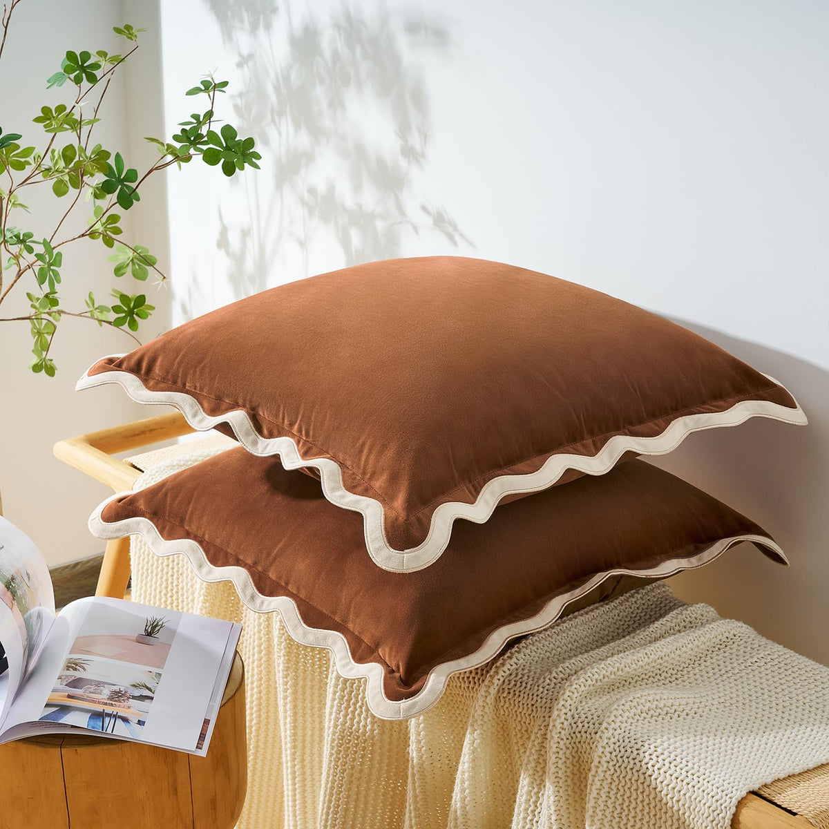 MONDAY MOOSE Velvet Scalloped Throw Pillow Covers, Set of 2