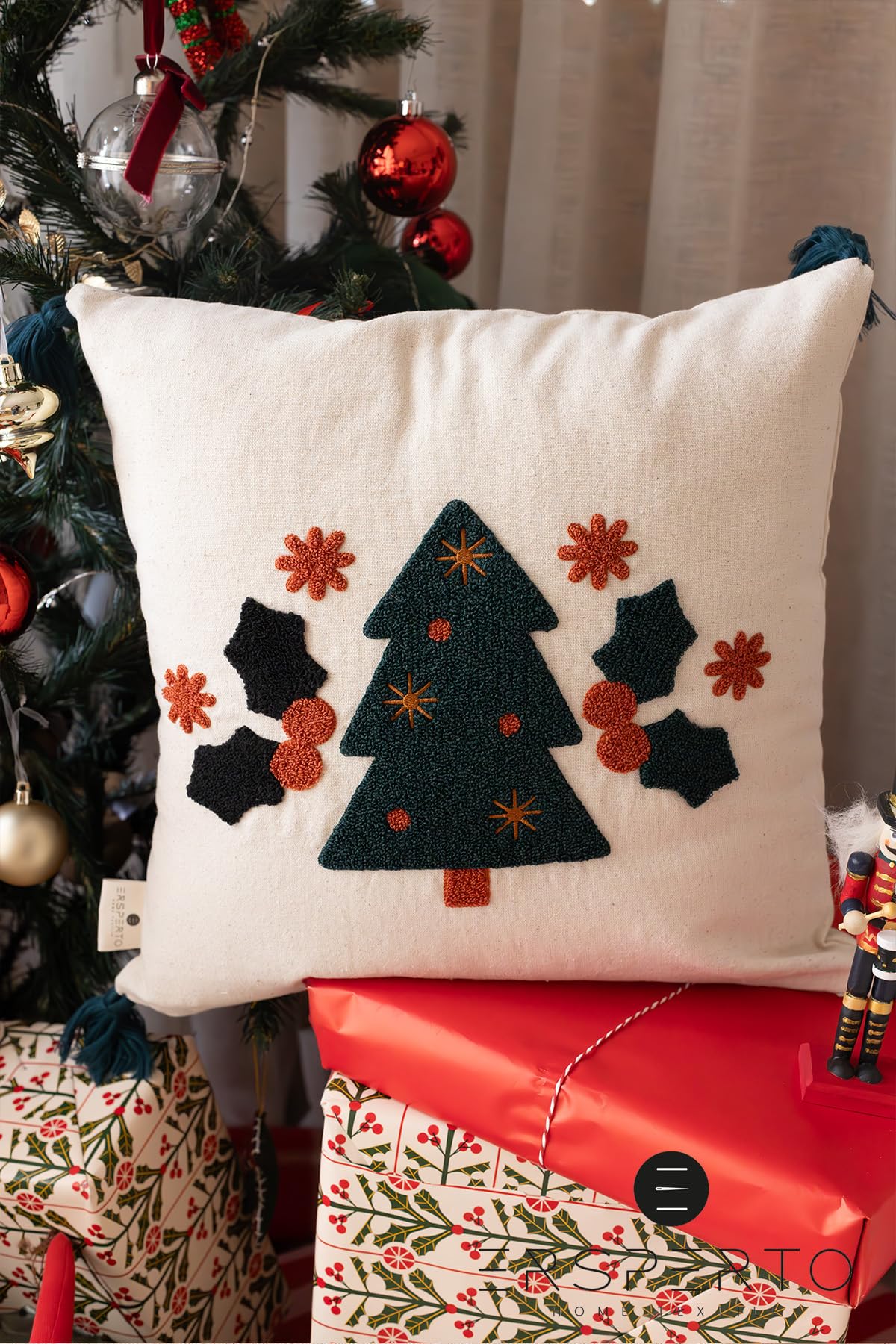 Christmas Floral Embroidered Pillow Covers, Set of 4