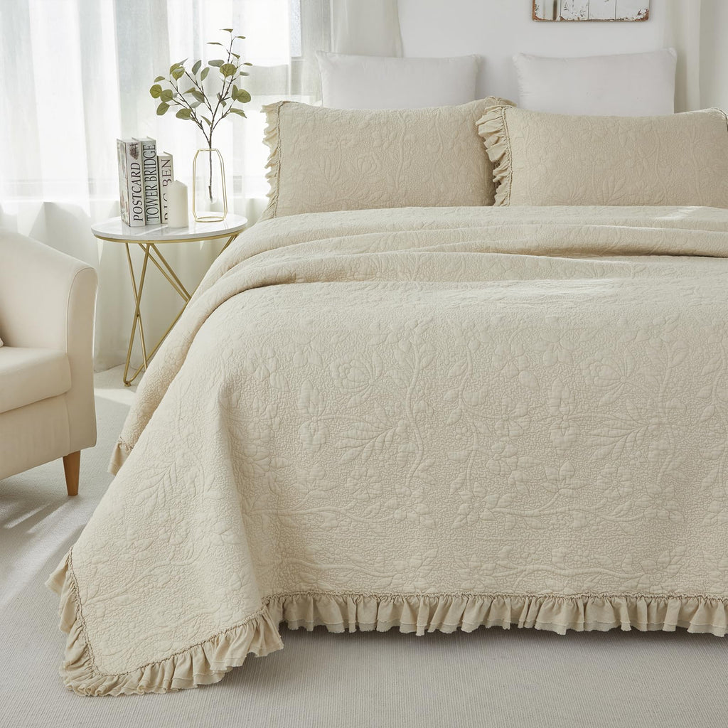 Brandream Beige King Cotton Matelassé Quilt Set, 6-Piece
