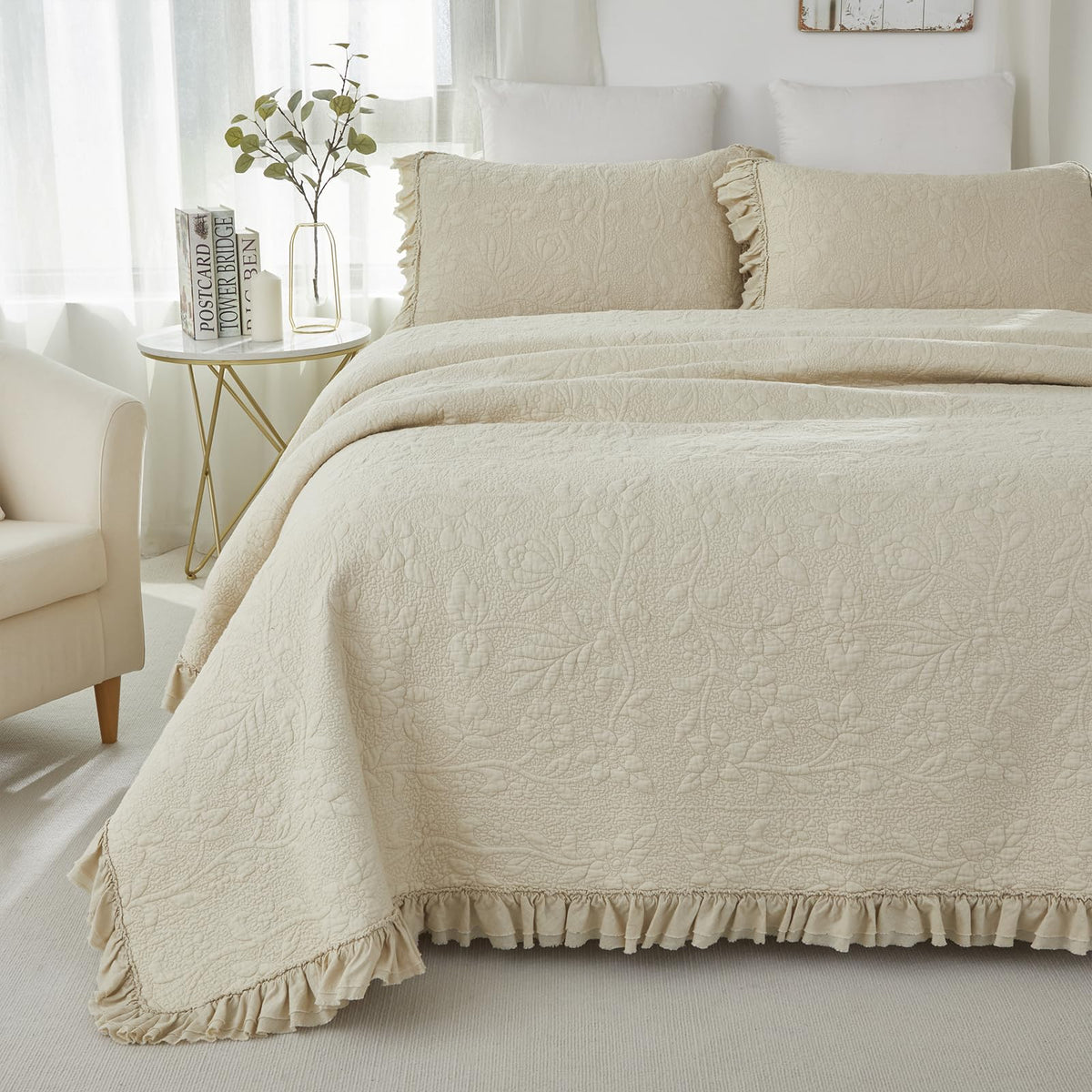 Brandream Beige King Cotton Matelassé Quilt Set, 6-Piece