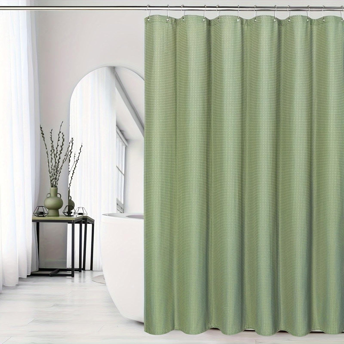 Soft Green Waffle Weave Shower Curtain, 180 x 195 cm