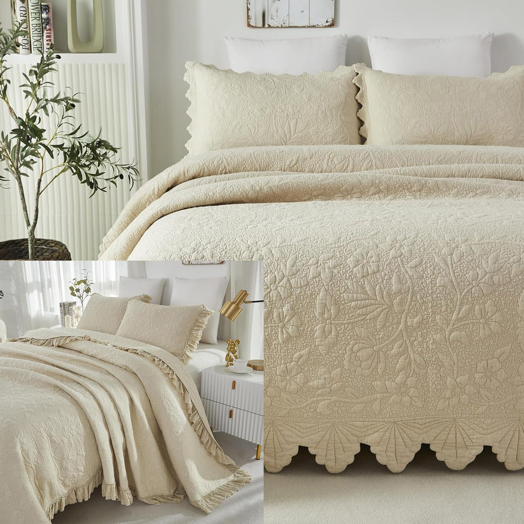 Brandream Beige King Cotton Matelassé Quilt Set, 6-Piece