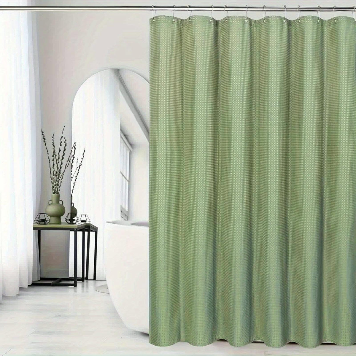 Soft Green Waffle Weave Shower Curtain, 180 x 195 cm